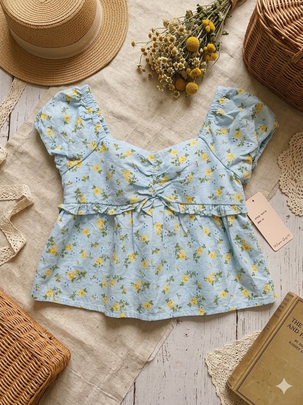 NWT Japna Girls Eyelet Puff Sleeve Floral Top Blue/Yellow Size 10